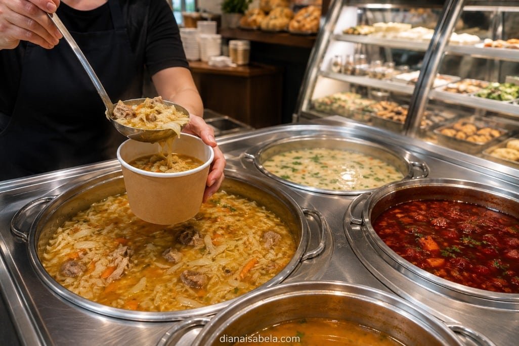 Russian and Ukrainian deli counter serving fresh homemade soups including shchi