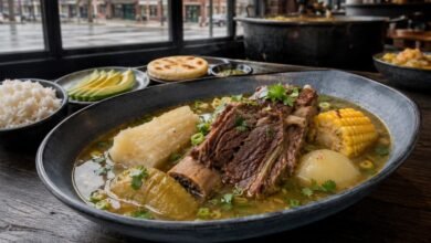 Colombian sancocho de costilla with beef rib, yuca, green plantain and corn served in a warm Chicago Colombian restaurant
