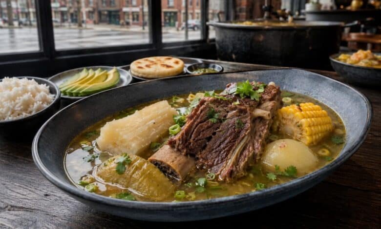 Colombian sancocho de costilla with beef rib, yuca, green plantain and corn served in a warm Chicago Colombian restaurant