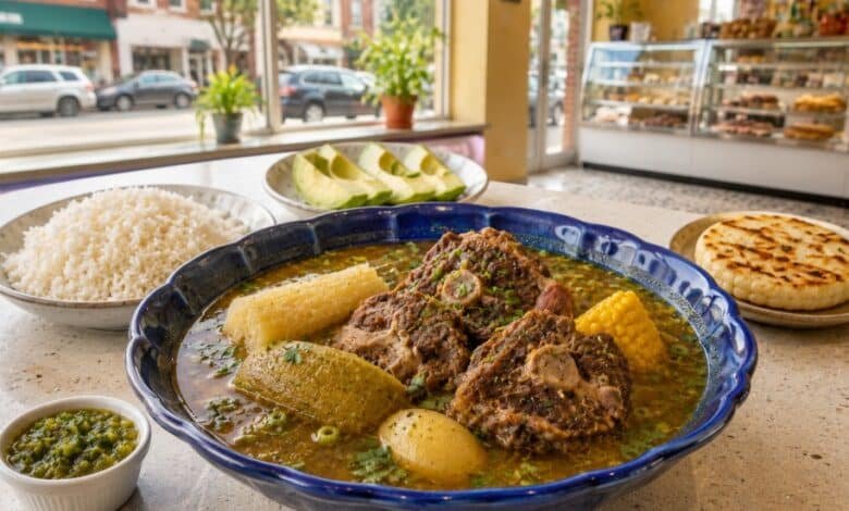 Colombian oxtail sancocho with yuca, green plantain, corn, rice and avocado in a bright New Jersey Colombian restaurant