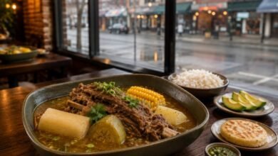 Colombian sancocho de costilla with yuca, green plantain, corn, rice and avocado in a New York Colombian restaurant