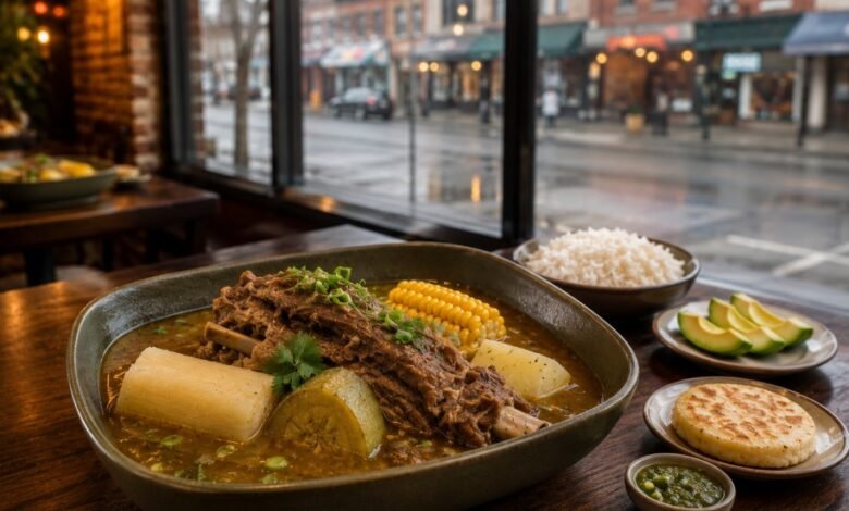 Colombian sancocho de costilla with yuca, green plantain, corn, rice and avocado in a New York Colombian restaurant