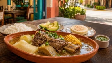 Colombian sancocho in Miami with beef rib, yuca, green plantain, corn, rice and avocado