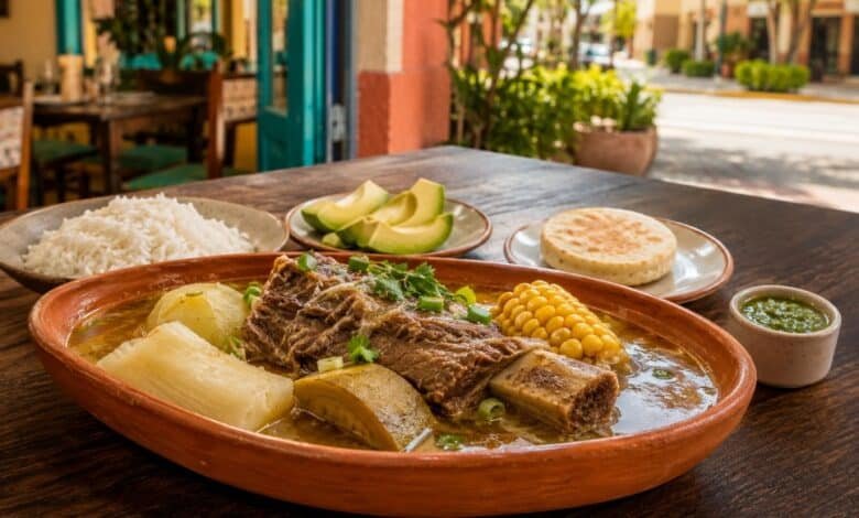 Colombian sancocho in Miami with beef rib, yuca, green plantain, corn, rice and avocado