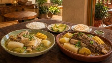 Sancocho de gallina and sancocho de res served side by side with yuca, green plantain, corn, rice and avocado