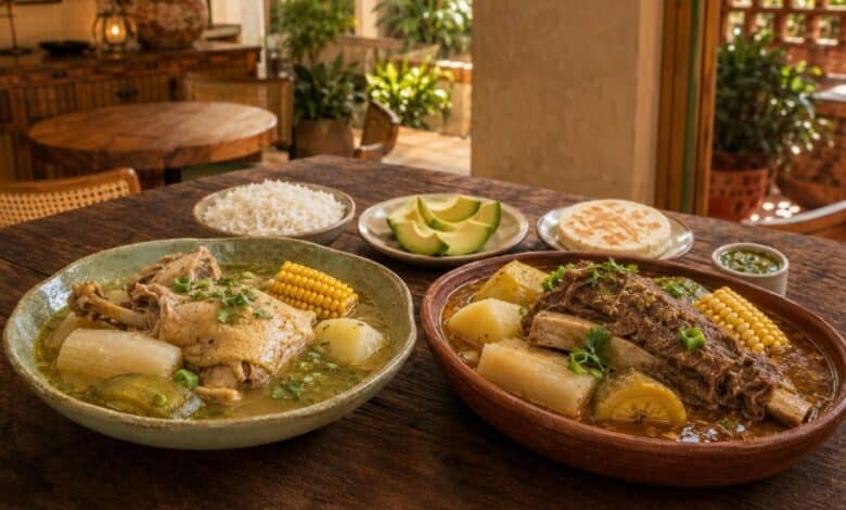 Sancocho de gallina and sancocho de res served side by side with yuca, green plantain, corn, rice and avocado
