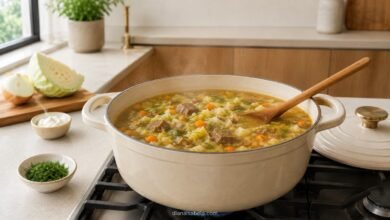 Homemade shchi simmering with cabbage, beef, potatoes, carrot and dill