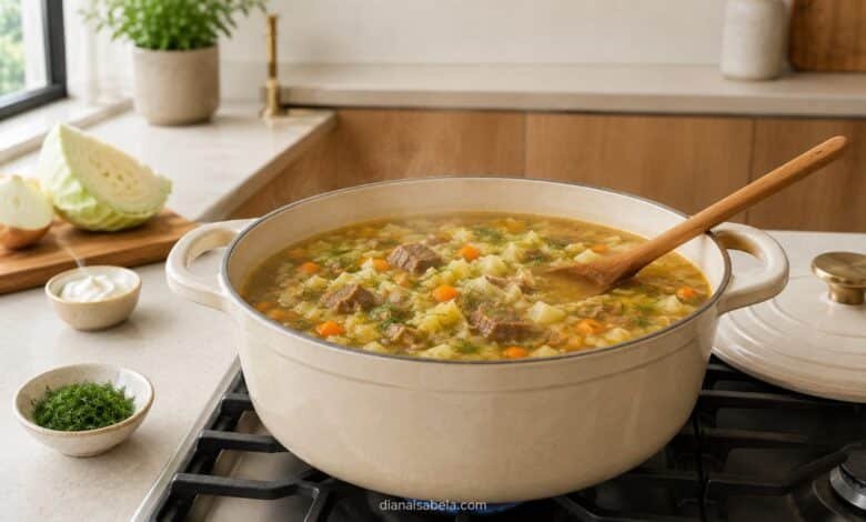 Homemade shchi simmering with cabbage, beef, potatoes, carrot and dill