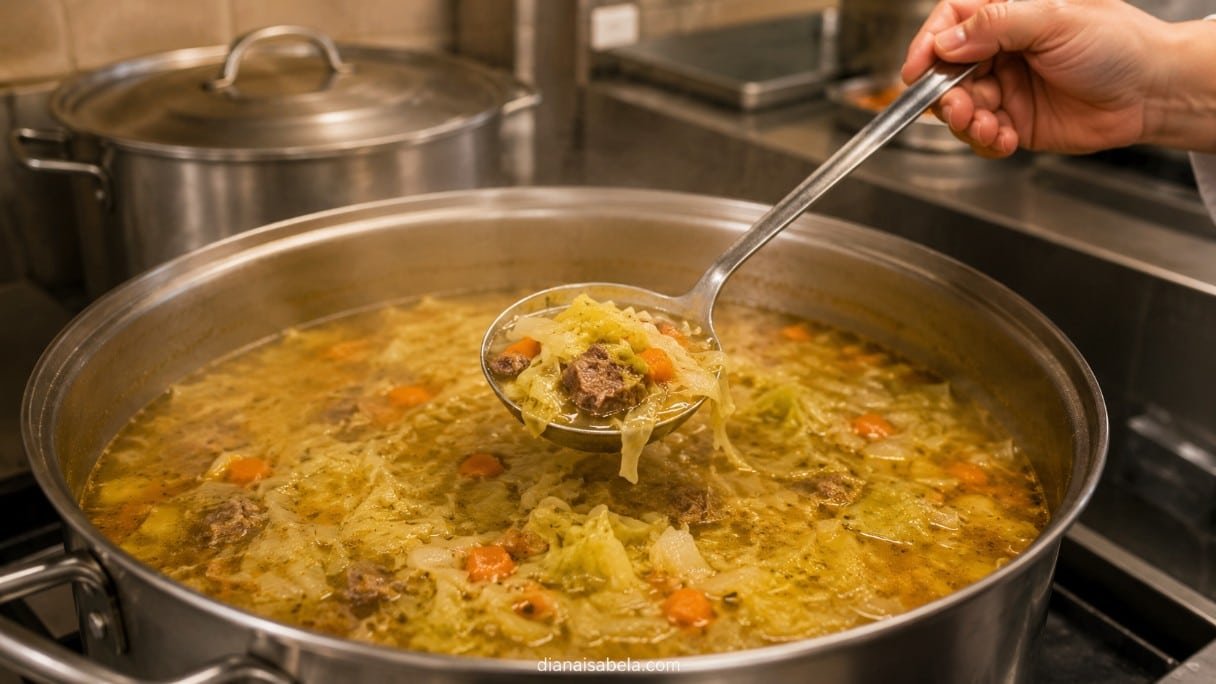 Large pot of traditional shchi soup cooking with cabbage, vegetables and beef