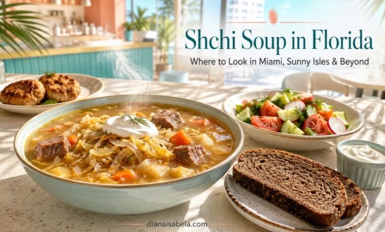 Traditional shchi soup with fresh salad and rye bread for a Florida guide to Miami and Sunny Isles