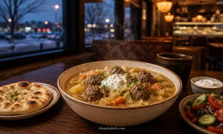Sour cabbage shchi with beef meatballs and sour cream for an Illinois restaurant guide