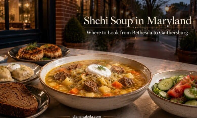 Traditional shchi soup with rye bread and Eastern European sides for a Maryland guide to Bethesda, Rockville and Gaithersburg
