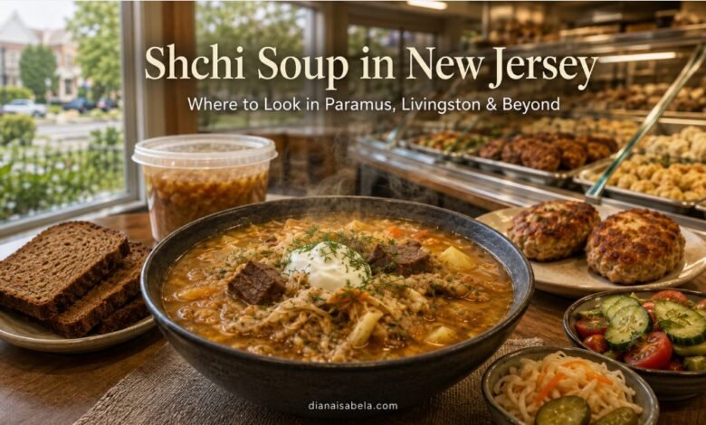 Traditional shchi soup with kotleti and Eastern European prepared foods for a New Jersey deli guide