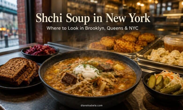 Traditional shchi soup with Eastern European prepared foods for a New York guide to Brooklyn and Queens