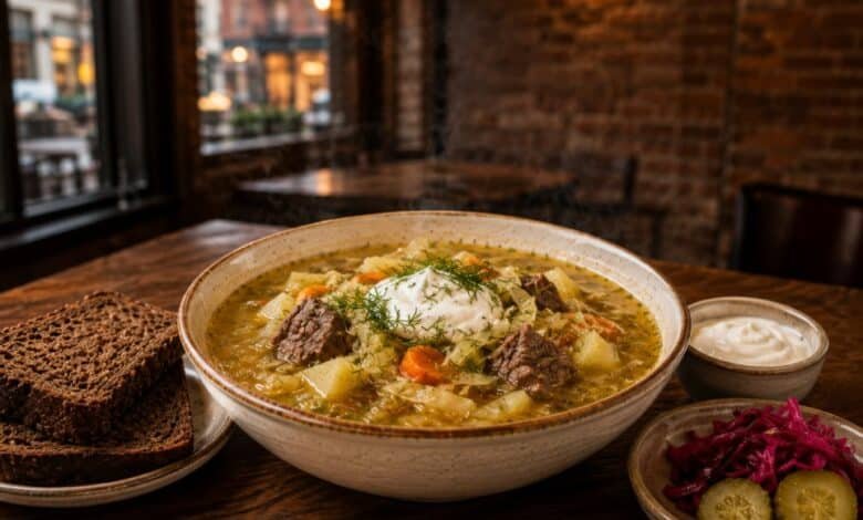 Traditional shchi soup with beef, cabbage, sour cream and rye bread in a Philadelphia neighborhood restaurant