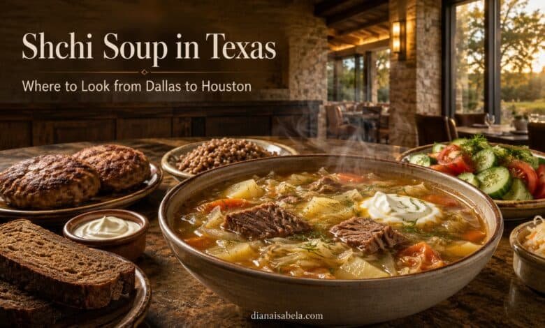 Traditional shchi soup with rye bread and Eastern European sides for a Texas guide to Dallas, Carrollton and Houston