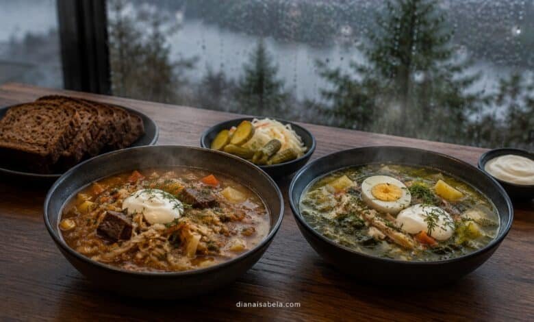 Beef sauerkraut shchi and green sorrel shchi served for a Seattle Russian soup guide
