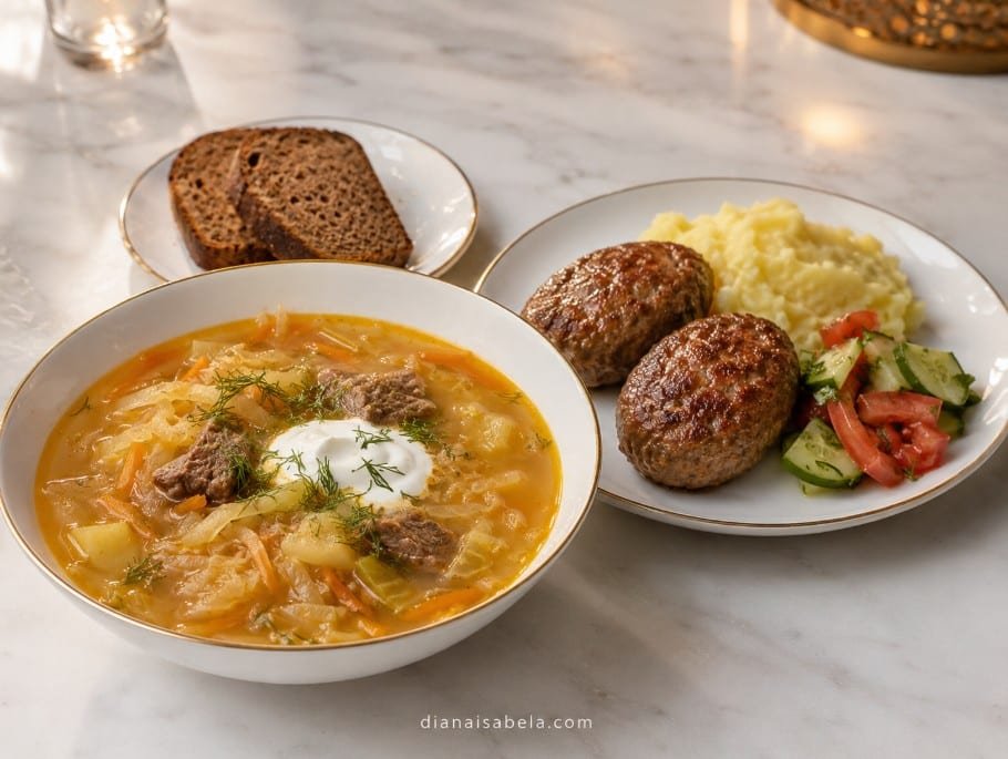 Shchi soup served with Russian kotleti and a traditional deli dinner