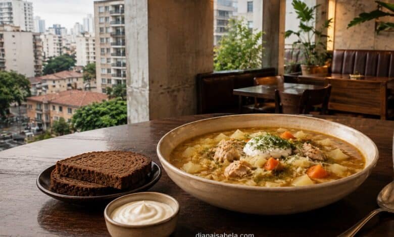 Traditional chicken and sauerkraut shchi served in a contemporary São Paulo setting