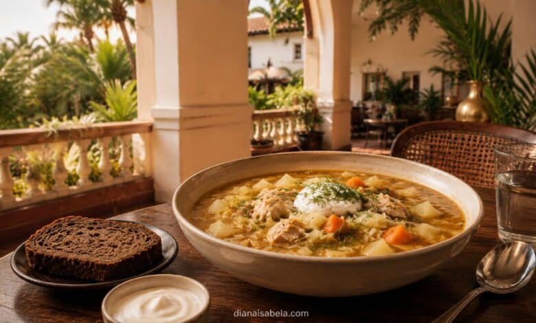 Traditional chicken shchi served in a refined Indian café setting