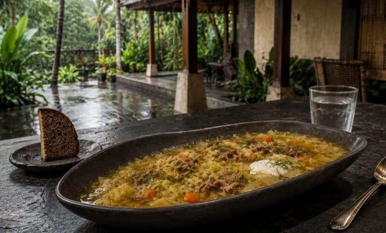 Traditional chicken shchi served in a lush contemporary Bali dining setting