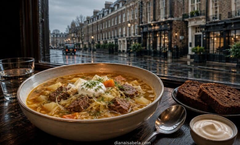 Traditional shchi soup served in a warm London setting on a rainy day