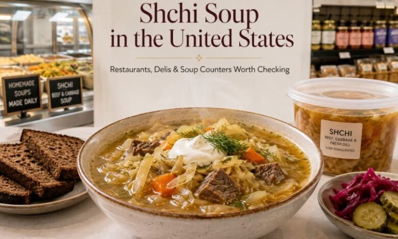 Shchi soup with rye bread and deli-style sides for a guide to finding Russian cabbage soup in the United States