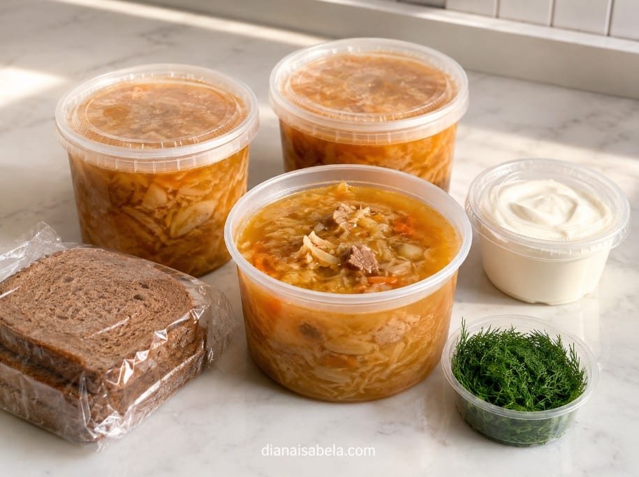 Shchi soup packed for takeout with sour cream, dill and dark rye bread