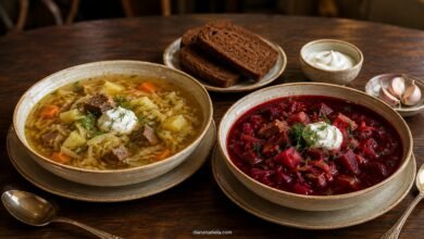 Shchi and borscht served side by side with cabbage, beetroot, dill and sour cream