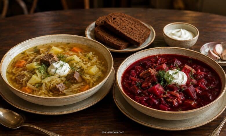 Shchi and borscht served side by side with cabbage, beetroot, dill and sour cream