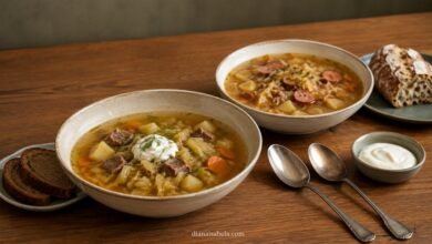 Traditional shchi beside a different European cabbage soup with sauerkraut and smoked meat