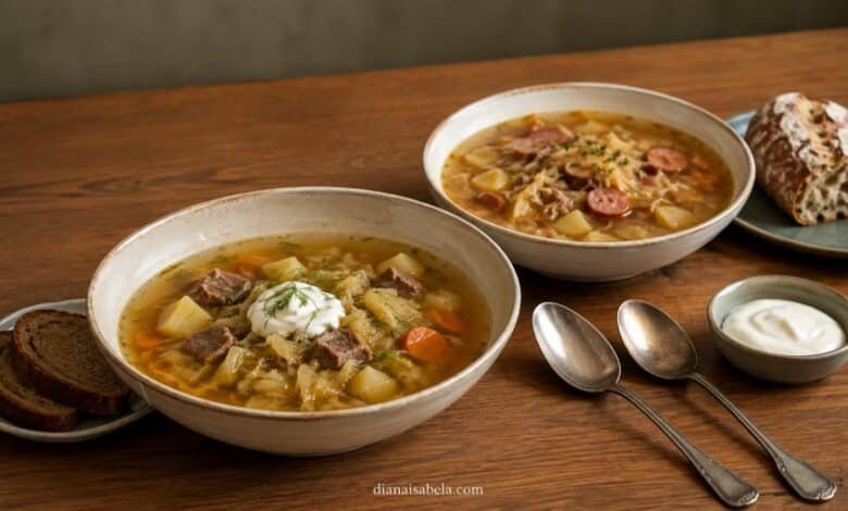 Traditional shchi beside a different European cabbage soup with sauerkraut and smoked meat