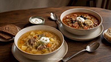 Traditional sour shchi beside meat solyanka with pickles, olives, lemon and sour cream