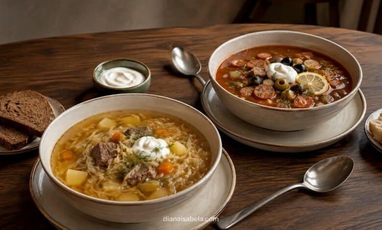Traditional sour shchi beside meat solyanka with pickles, olives, lemon and sour cream