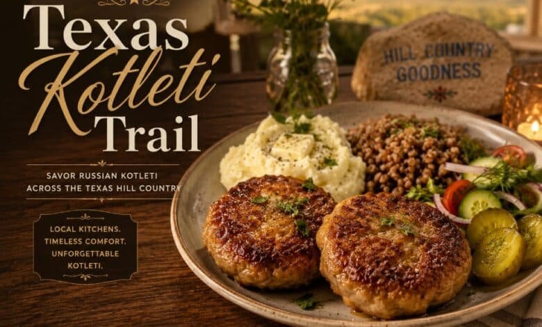 Russian kotleti in Texas with mashed potatoes, buckwheat, salad and pickles