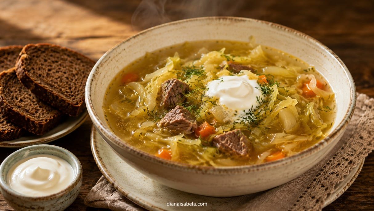 Traditional shchi soup with cabbage, beef, sour cream and dill