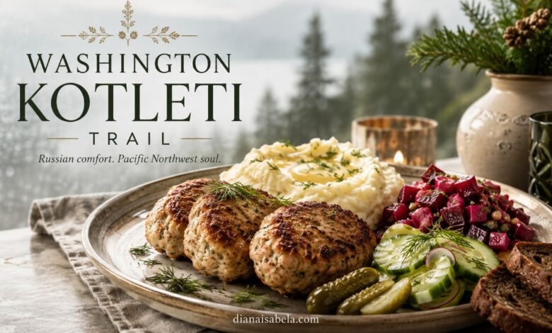 Russian kotleti in Washington with mashed potatoes, beet salad, cucumber salad, pickles and rye bread