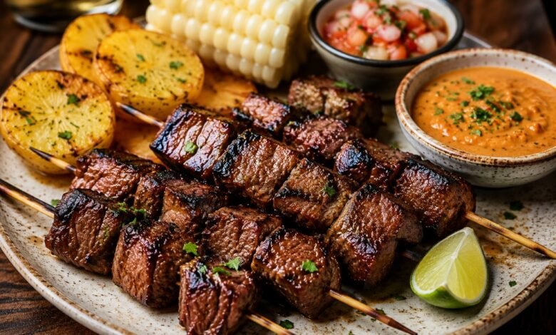 Bolivian beef heart anticuchos with grilled potatoes, peanut llajua, chile sauce and lime
