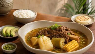 Colombian sancocho de costilla with tender beef rib, yuca, green plantain, corn, potato, rice and avocado