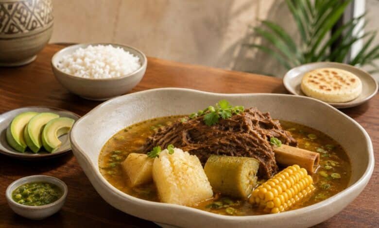 Colombian sancocho de costilla with tender beef rib, yuca, green plantain, corn, potato, rice and avocado