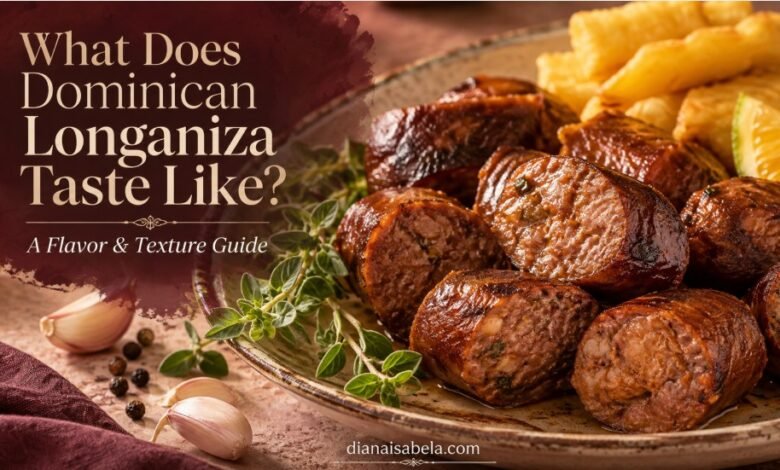 Fried Dominican longaniza showing juicy texture with garlic oregano and citrus flavors