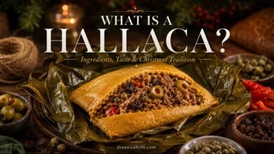 Traditional Venezuelan hallaca with seasoned corn masa, meat guiso, olives, capers and raisins wrapped in plantain leaves