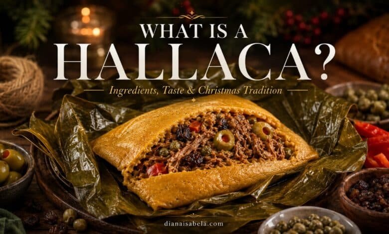 Traditional Venezuelan hallaca with seasoned corn masa, meat guiso, olives, capers and raisins wrapped in plantain leaves