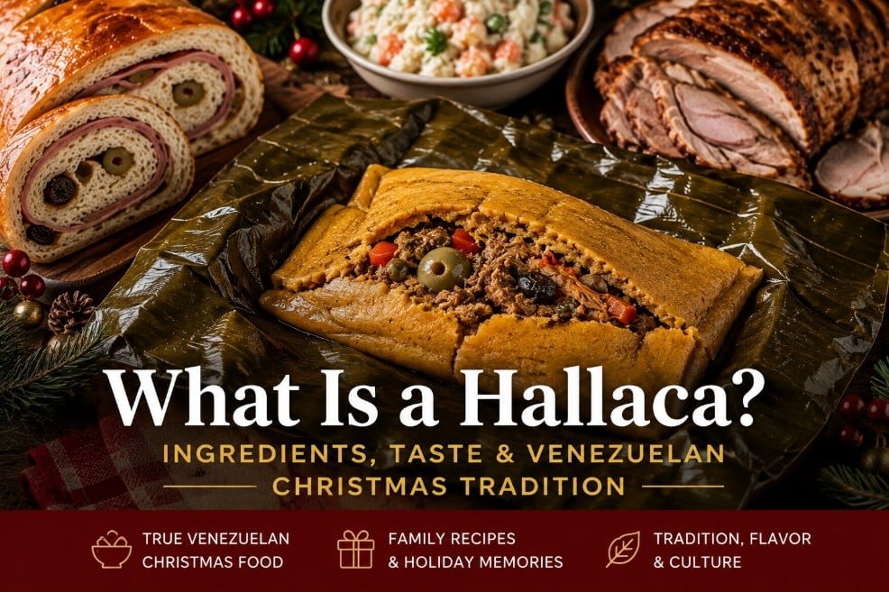 Traditional Venezuelan hallaca with corn masa, meat guiso, olives, capers and raisins served with pan de jamón and Christmas dishes