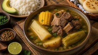 Traditional Colombian sancocho with beef, yuca, green plantain, corn, potatoes, rice and avocado