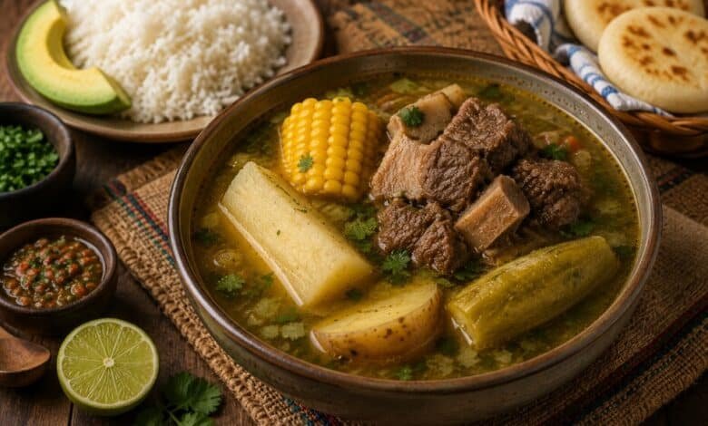 Traditional Colombian sancocho with beef, yuca, green plantain, corn, potatoes, rice and avocado