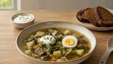 Green shchi with sorrel, potato, egg, dill and sour cream
