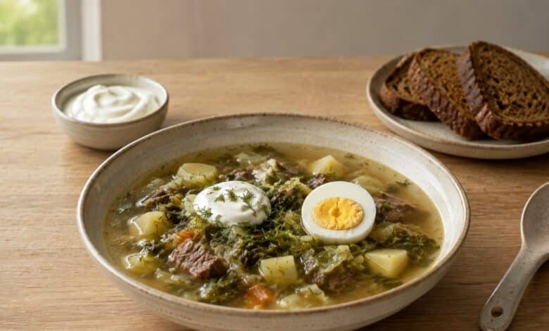 Green shchi with sorrel, potato, egg, dill and sour cream