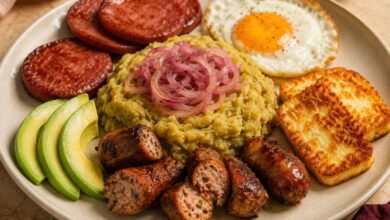 Los Cuatro Golpes with mangú Dominican salami queso frito fried egg and longaniza