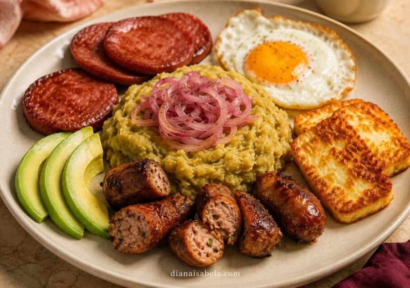 Los Cuatro Golpes with mangú Dominican salami queso frito fried egg and longaniza